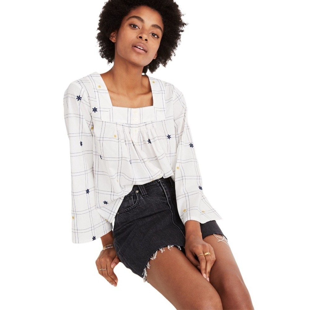 Madewell Embroidered Windowpane Square-Neck Button-Down Top | Relaxed Fit – XS